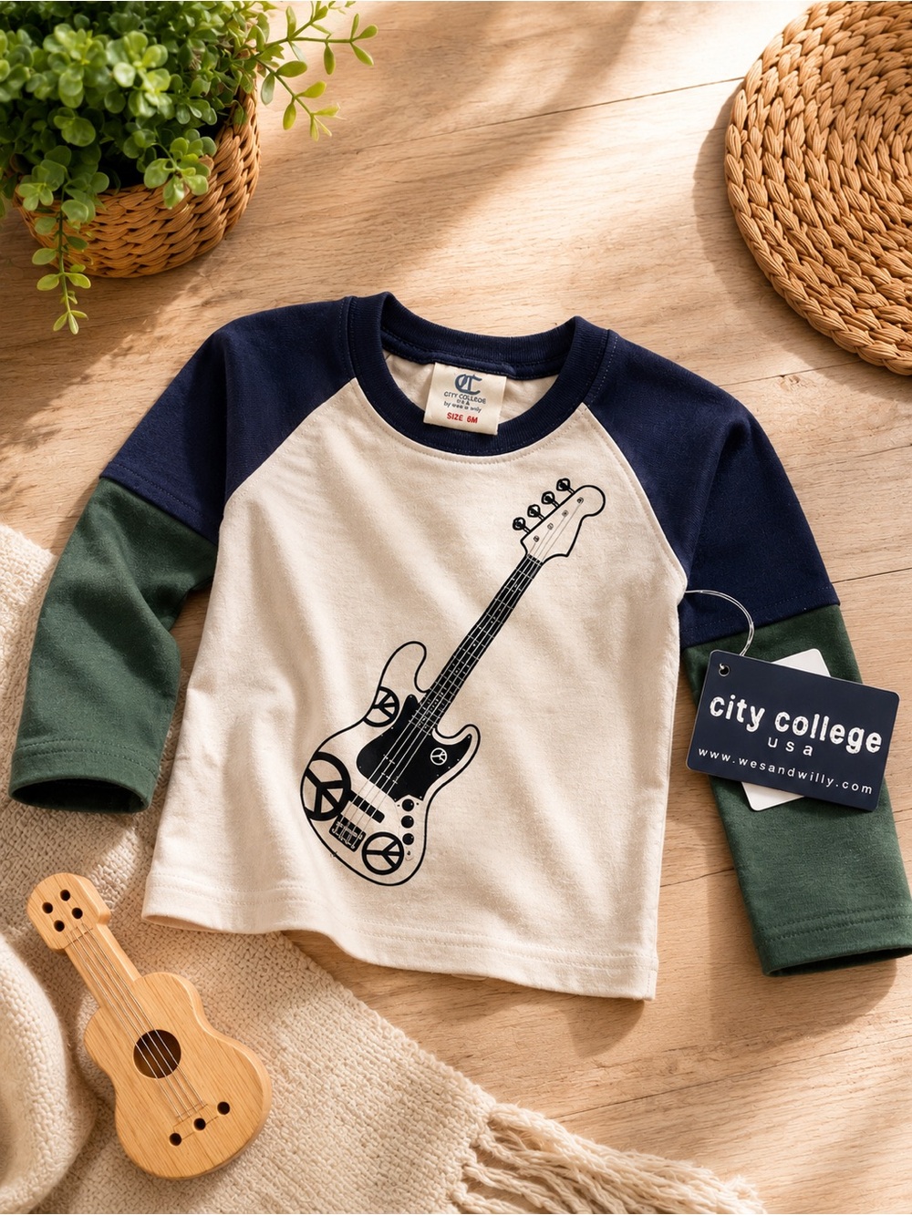 City College USA Wes & Willy Baby Boys Guitar Graphic Raglan Tee 6M NWT